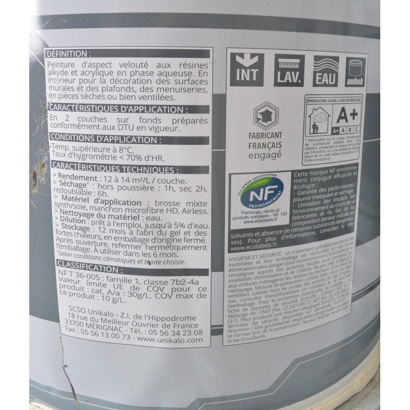 UNIKALO 20121132 - Pot de 16 L de Peinture Aqualine Velours Evo Blanc