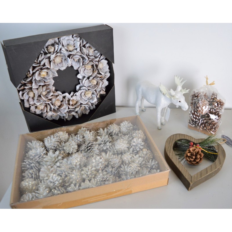 1 Elan Miniature Blanc, Cadre Coeur Bois, Pomme de Pain et Couronne de Porte Décoration de Noël
