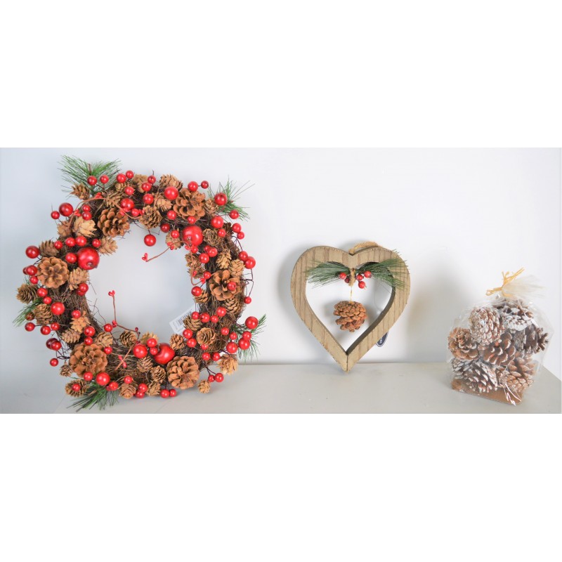 Lot de 1 Cadre Coeur Bois, Pomme de Pain et Couronne de Porte pour Décoration de Noël