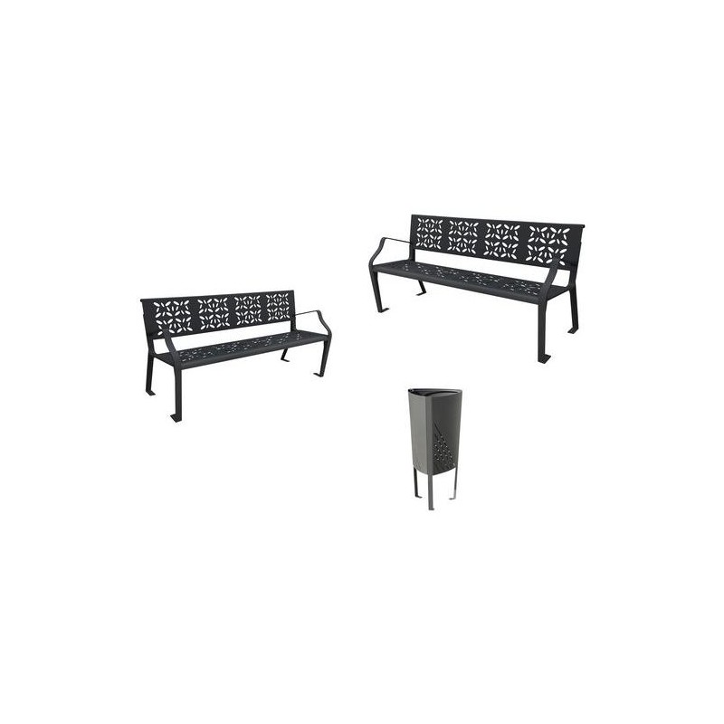 Pack de 2 Bancs et 1 Poubelle en Acier BENITO Pack de 2 Bancs et 1 Poubelle en Acier BENITO