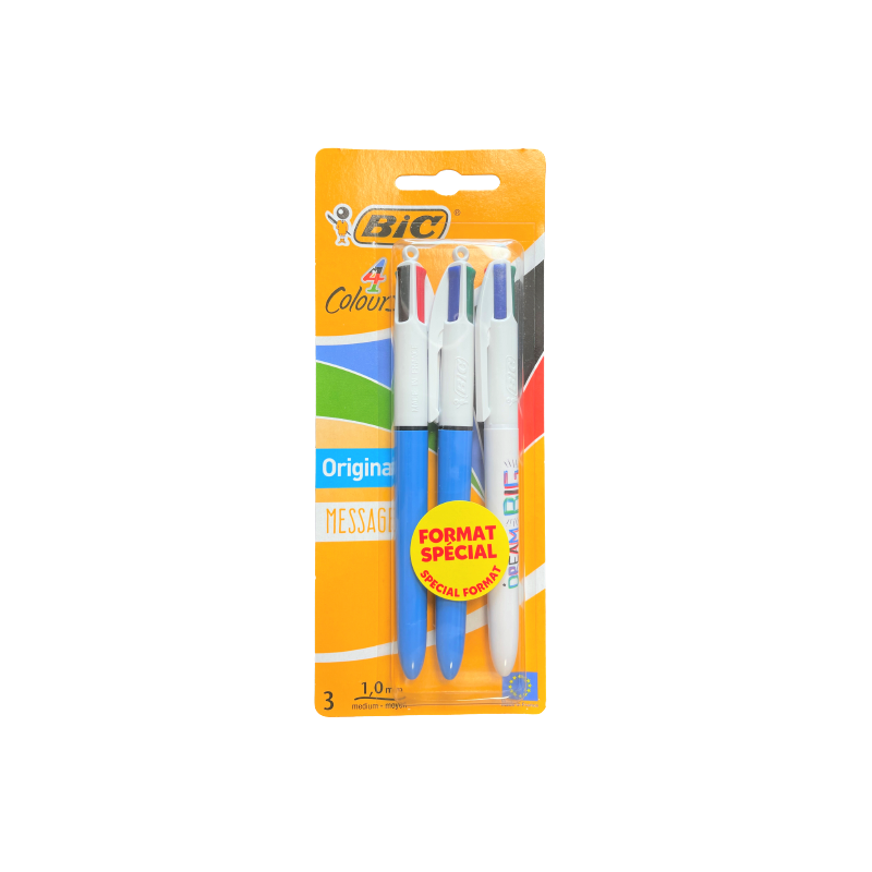 Lot de 100 Blisters de 3 Crayons Stylo-Bille BIC 4 Couleurs