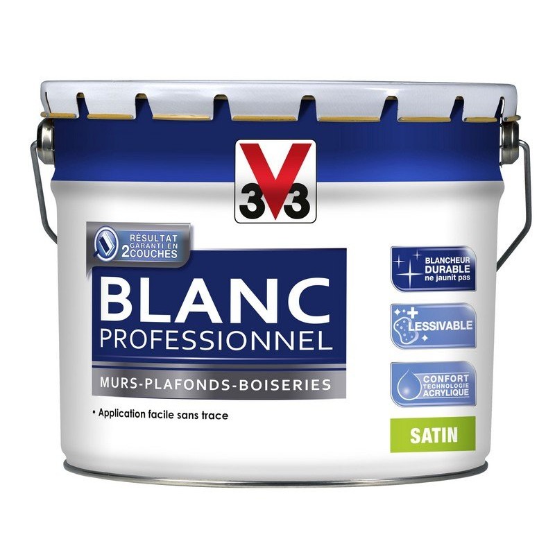 Pot de 10L de Peinture Acrylique Blanc Professionnel V33 Finition Satin Pot de 10L de Peinture Acrylique Blanc Professionnel V33 Finition Satin