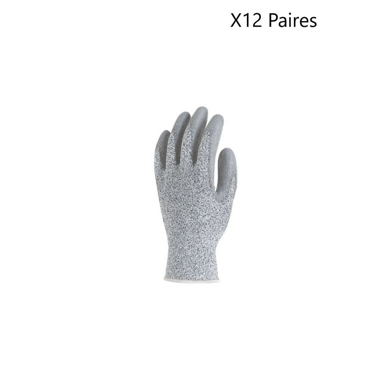 Paquet 12 Paires de Gants Anti-Coupure Tricoté HPPE EUROTECHNIQUE Paume Enduite PU Gris Taille 7