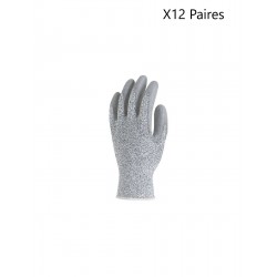 Paquet 12 Paires de Gants Anti-Coupure Tricoté HPPE EUROTECHNIQUE Paume Enduite PU Gris Taille 8