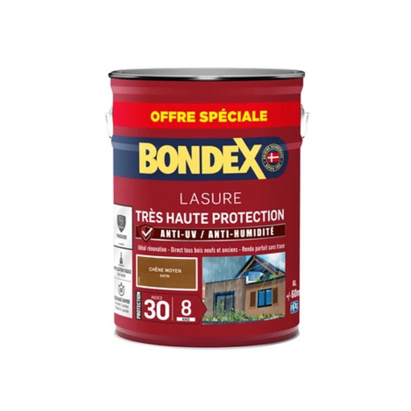 Pot de 6L de Lasure BONDEX Très Haute Protection Chêne Moyen Satiné Pot de 6L de Lasure BONDEX Très Haute Protection Chêne Moyen Satiné