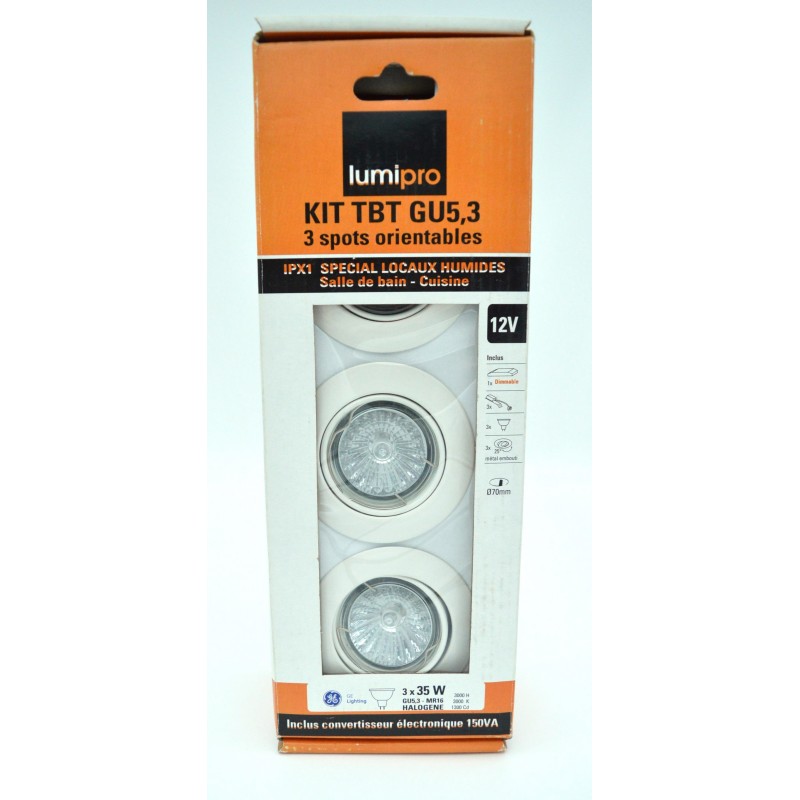 KIT TBT GU5,3 LUMNIPRO 3 Spots LED Orientables à Encastrer 35W Rond Aluminium Spécial Pièces Humides KIT TBT GU5,3 LUMNIPRO 3 Spots LED Orientables à Encastrer 35W Rond Aluminium Spécial Pièces Humides