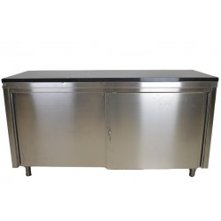 Meuble Bas Inox Professionnel 2 Portes Coulissantes sur Pieds 1600x600mm Avec Plan Granit Noir