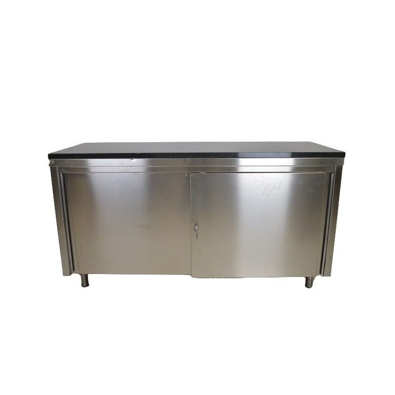 Meuble Bas Inox Professionnel 2 Portes Coulissantes sur Pieds 1600x600mm Avec Plan Granit Noir