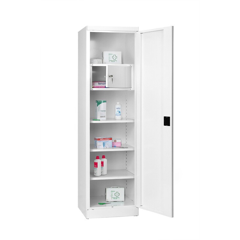 Armoire Médicale 1 Porte CARAY Avec 3 Etagères et Coffre Intérieur à Clés 50x50x180cm