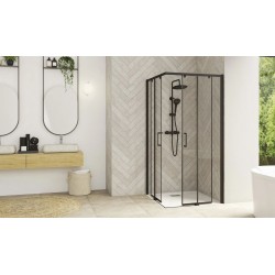 Porte de Douche Coulissante d'Angle KINEDO Smart Design A/C 90cm Verre Transparent Profilé Noir