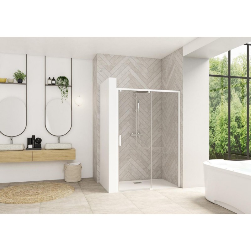 Porte de Douche Coulissante KINEDO Smart Design C 120cm Verre Transparent Profilé Blanc