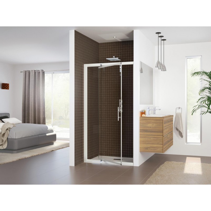 Porte de Douche Pivotante Excentrée KINEDO Corail 200cm Verre Transparent Profilé Argent Mat Porte de Douche Pivotante Excentrée KINEDO Corail 200cm Verre Transparent Profilé Argent Mat