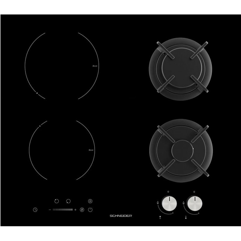 Plaque de Cuisson Gaz/Induction 60cm SCHNEIDER 4 Foyers Noir Plaque de Cuisson Gaz/Induction 60cm SCHNEIDER 4 Foyers Noir