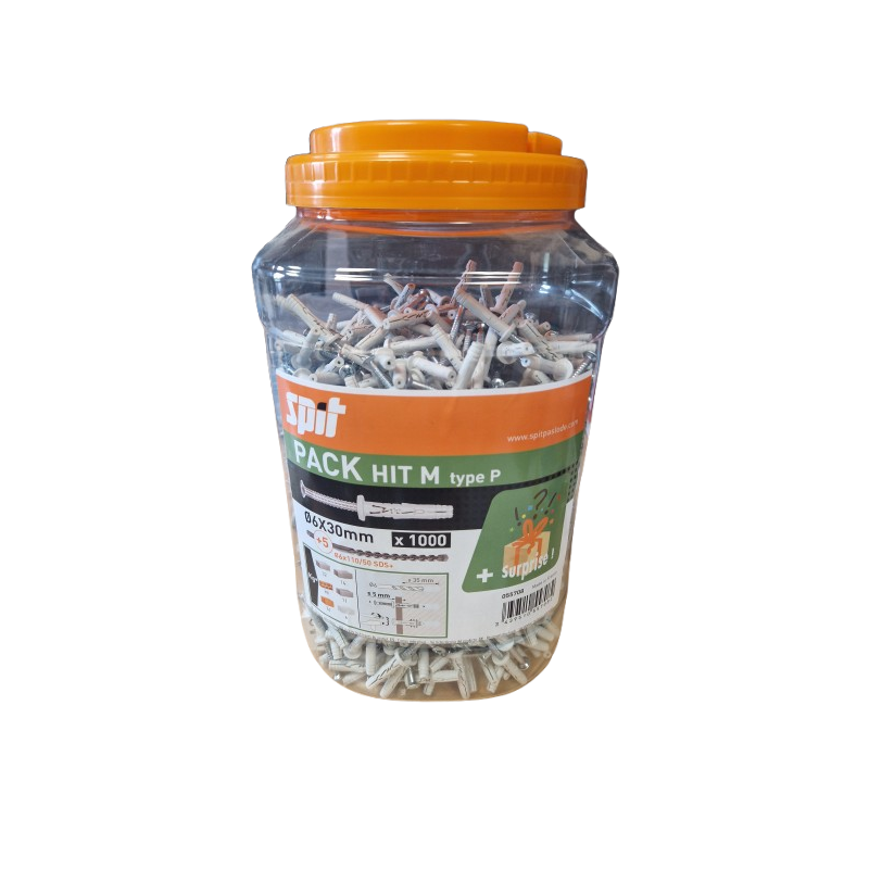 Lot de 1000 Chevilles à Frapper SPIT HIT M Type P Ø6x30/5P + 5 forets Ø6x110mm Lot de 1000 Chevilles à Frapper SPIT HIT M Type P Ø6x30/5P + 5 forets Ø6x110mm