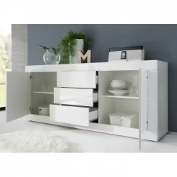 Buffet 2 Portes 3 Tiroirs BUT Bright 2100x860x430mm Blanc Laqué