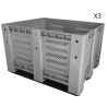 Lot de 3 Caisses Palettes Ajourées en PEHD 600L Charge 4500kg 100x75cm