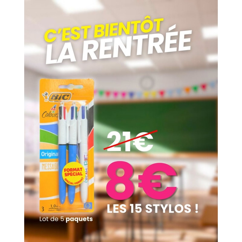 Lot de 5 Blisters de 3 Crayons Stylo-Bille BIC 4 Couleurs Lot de 5 Blisters de 3 Crayons Stylo-Bille BIC 4 Couleurs