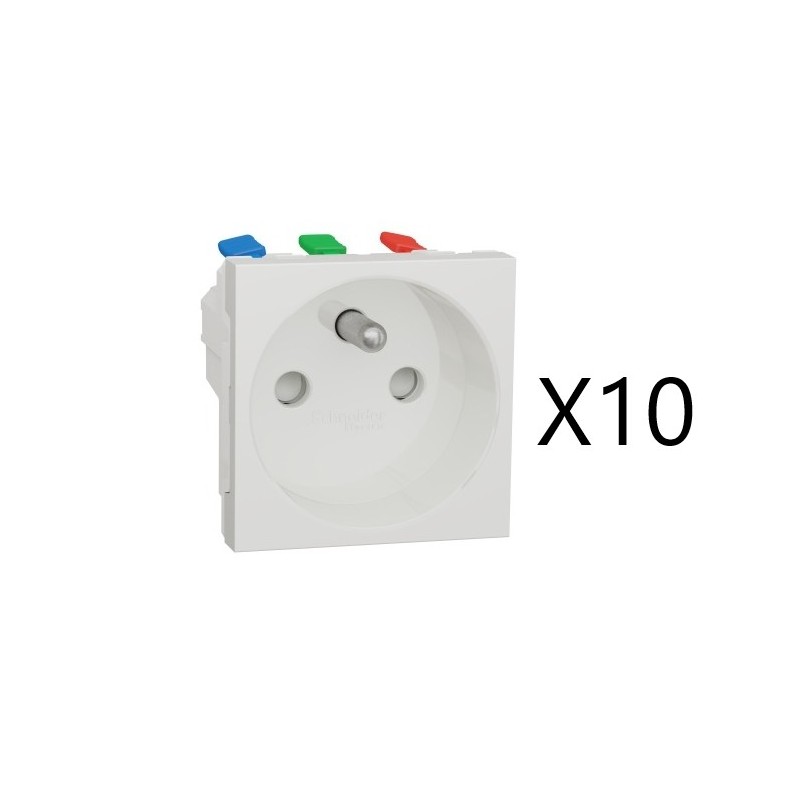Lot de 10 Prises de Courant 2P+T  SCHNEIDER Unica FR 90° Raccord Rapide Traversant Blanc Mécanisme Seul - NU305918