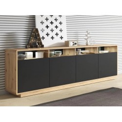 Buffet Bahut 4 Portes ASTON Aster L2400 Noir Mat et Chêne Taurus - 37808042