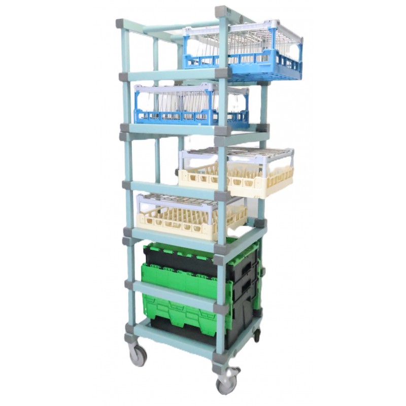 Chariot 6 Niveaux SRE 4 Paniers Plonge + 3 Bacs de Rangement pour Vaisselle Réutilisable