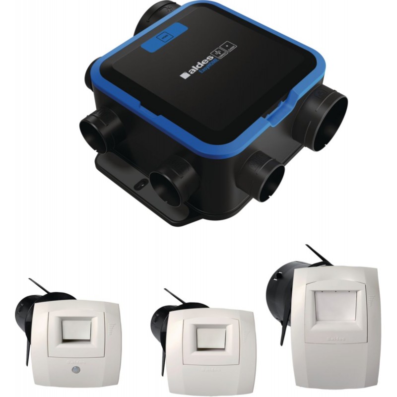 Kit VMC Simple Flux Hygroréglable ALDES Easyhome Compact Premium Haute Pression avec 3 Bouches Bahia Curve - 11033054