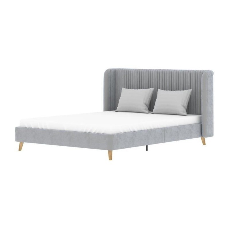 Lit Adulte Velours Gris HEIDI 140x190cm avec Tour de Lit, Sommier et Tête de Lit - KTHEIDI140VELGR