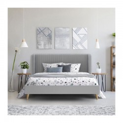 Lit Adulte Velours Gris HEIDI 140x190cm avec Tour de Lit, Sommier et Tête de Lit KTHEIDI140VELGR