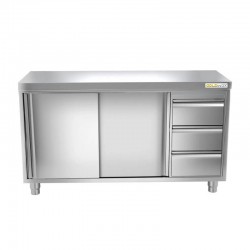 Meuble Bas Inox GOLDINOX 2 Portes Coulissantes 3 Tiroirs sur Pieds L2000mm P600mm H850mm - MT206D