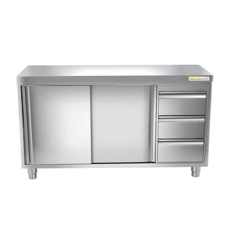 Meuble Bas Inox GOLDINOX 2 Portes Coulissantes 3 Tiroirs sur Pieds L2000mm P600mm H850mm - MT206D