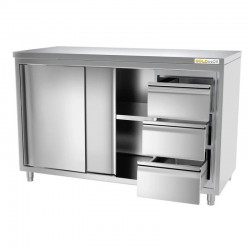 Meuble Bas Inox GOLDINOX 2 Portes Coulissantes 3 Tiroirs sur Pieds L1400mm P600mm H850mm - MT146D