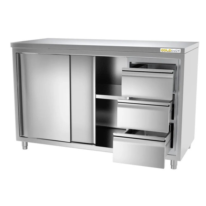 Meuble Bas Inox GOLDINOX 2 Portes Coulissantes 3 Tiroirs sur Pieds L1400mm P600mm H850mm - MT146D