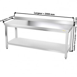 Table Adossée de Travail Préparation Inox GOLDINOX 1 Étagère Basse Sur Pieds L2000mm P800mm H850mm