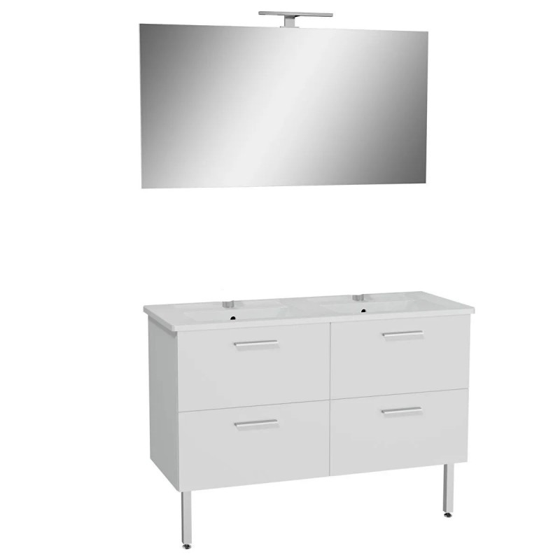 Meuble de Salle de Bain 120cm VITRA Mia Blanc Meuble, Plan Double Vasque Céramique, Miroir et LED - 66075