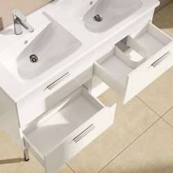Meuble de Salle de Bain 120cm VITRA Mia Blanc Meuble, Plan Double Vasque Céramique, Miroir et LED