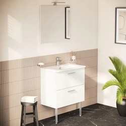 Meuble de Salle de Bain 70cm VITRA Mia Blanc Meuble, Plan Vasque Céramique, Miroir et LED - 66100