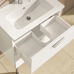 Meuble de Salle de Bain 70cm VITRA Mia Blanc Meuble, Plan Vasque Céramique, Miroir et LED