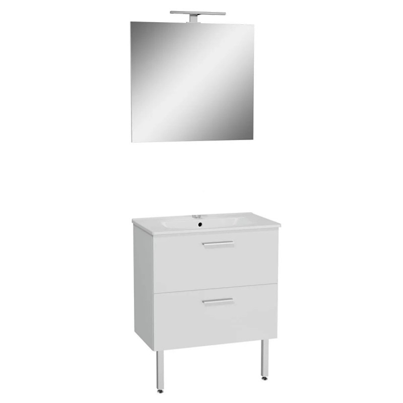 Meuble de Salle de Bain 70cm VITRA Mia Blanc Meuble, Plan Vasque Céramique, Miroir et LED - 66100 - NEUF