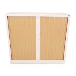 Armoire Basse à Rideaux de Bureau MTI 2 Tablettes Corps Blanc et Rideaux Hêtre 120x105x43cm - AM1210R-HE