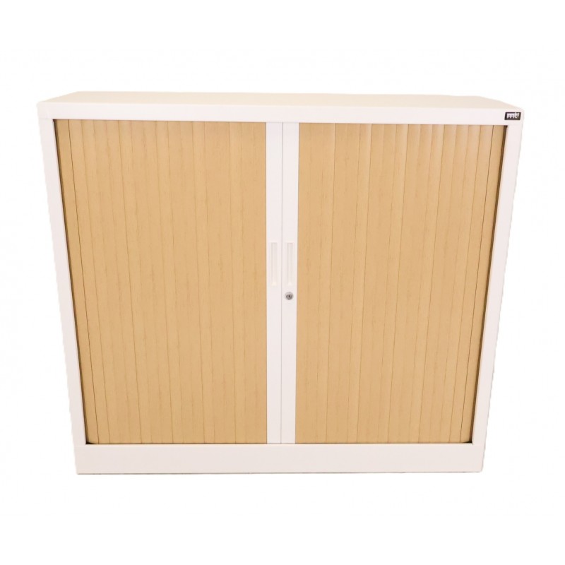 Armoire Basse à Rideaux de Bureau MTI 2 Tablettes Corps Blanc et Rideaux Hêtre 120x105x43cm - AM1210R-HE