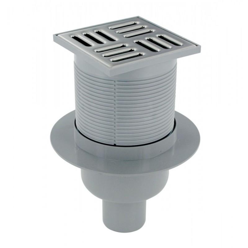 Siphon de Sol avec Grille Inox PRESTO 150x150mm Sortie Horizontale ou Verticale Ø 50mm - 60478