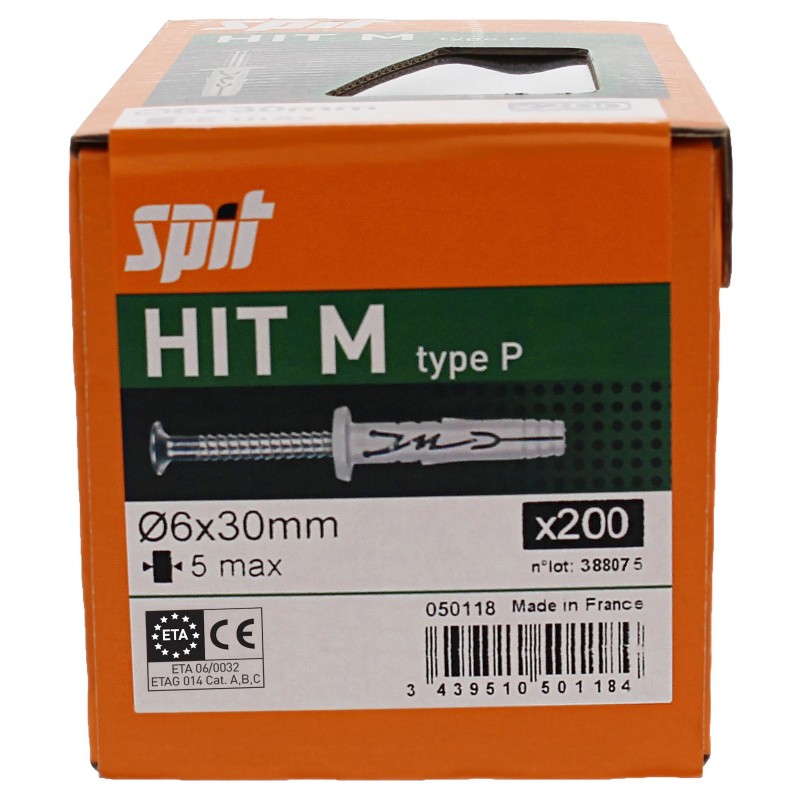 Boîte de 200 Chevilles à frapper Multimatériaux SPIT HIT M Ø6x30/5P - 050118