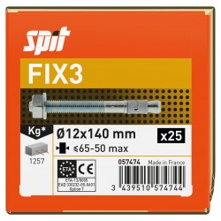 Boîte de 25 Goujons d'Ancrage SPIT FIX3 Zingué Ø12x140mm Épaisseur de Serrage 65-50mm -057474