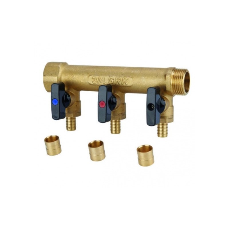 Collecteur Distributeur MF 3/4" GRK à Glissement 3 Piquages avec Mini-Vannes Ø12 Entraxe 50mm - 958G-3G12