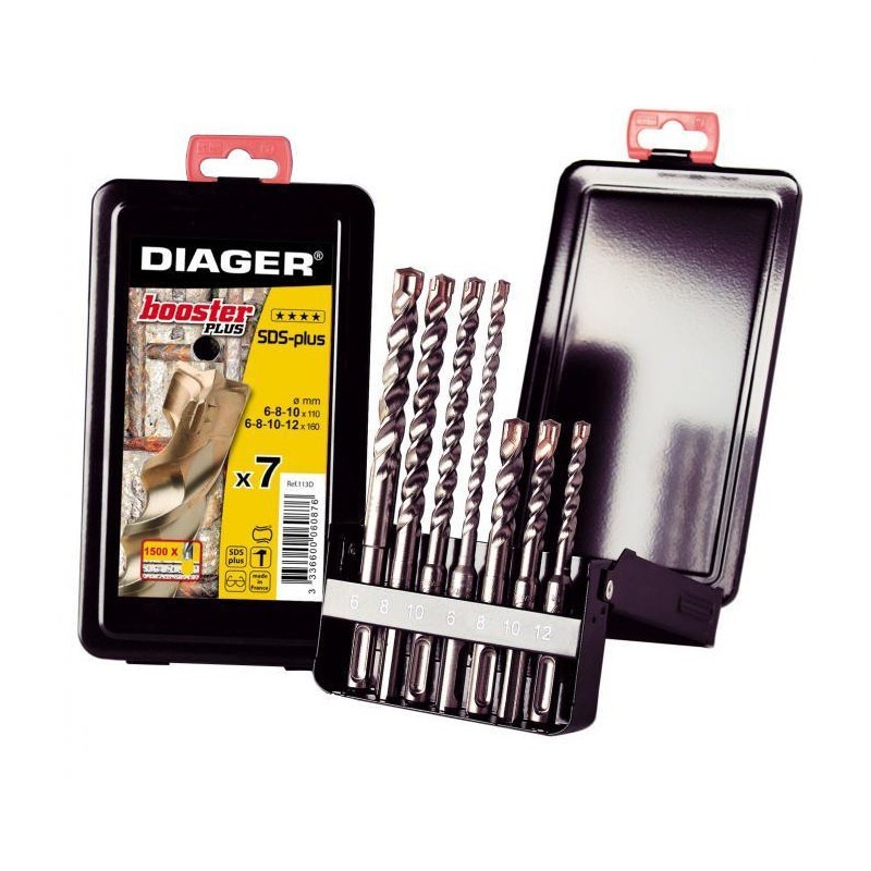 Coffret de 7 Forets Béton DIAGER Booster Plus Ø6-8-10x110mm Ø6-8-10-12x160mm 3 Taillants pour Perforateur - 113D