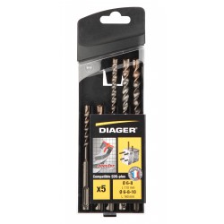 Coffret de 5 Forets Béton DIAGER Booster Plus Ø6-8x110mm Ø6-8-10x160mm 3 Taillants pour Perforateur - 104B