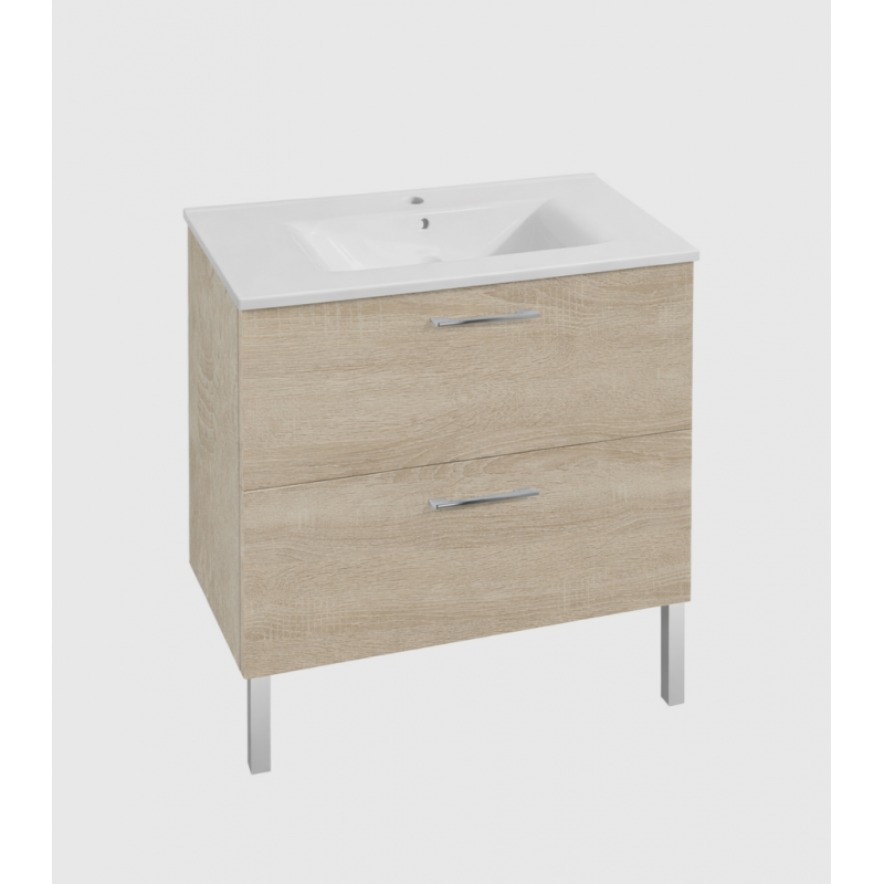Meuble avec Vasque de Salle de Bain L80cm AQUARINE Eko Line 2 Tiroirs Chêne et Vasque Céramique - 243157-814004