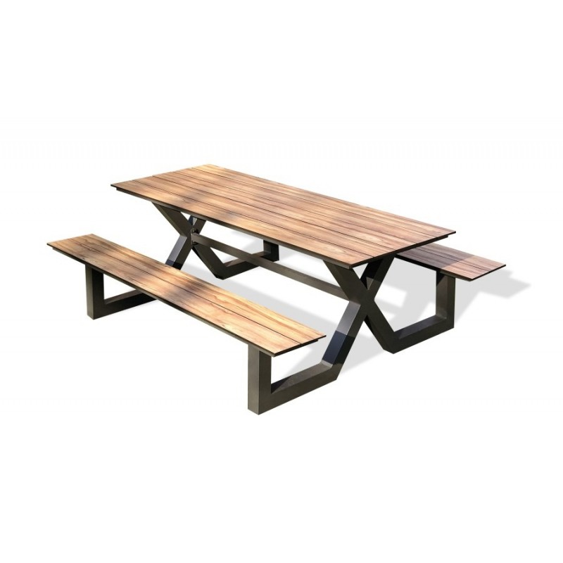 Table de Jardin avec 2 Bancs PARIS GARDEN Vancouver L210xl174cm Aluminium Effet Bois - VANCOUVER-TB210 - NEUVE Déclassée