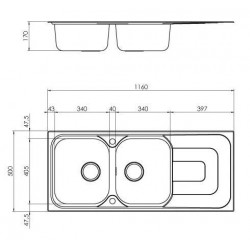 Évier de Cuisine 2 Bacs et 1 Égouttoir AQUATOP Portofino 116x50cm Bonde Ø90mm Réversible Inox Lisse - EV4821 IL - NEUF