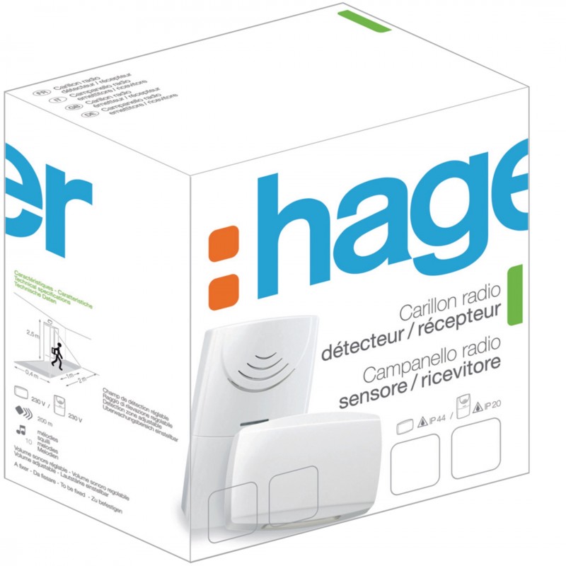 Pack Carillon Détecteur de Passage + Récepteur HAGER Radio 230V 10 Mélodies + Flash  - 53625