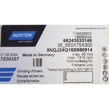 Meule Abrasive NORTON 119429803 Diamètre 660mm Alésage 300mm Épaisseur 90mm - 5NQJ24Q16B80914